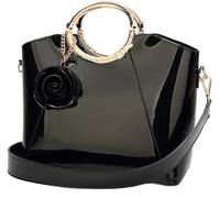 BIBTOO Women Handbag Purse Patent Leather Top-handle Bag Elegant Clutch Evening Bag Flower Pendant Shoulder Bags(Black)