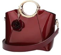 BIBTOO Women Handbag Purse Patent Leather Top-handle Bag Elegant Clutch Evening Bag Flower Pendant Shoulder Bags(Wine)