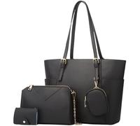 BIBTOO Women Handbags and Purses Set Faux Leather Tote Bags Chain Crossbody Shoulder Bag Satchel Handbag Wallet 4 Pcs Set(Black)