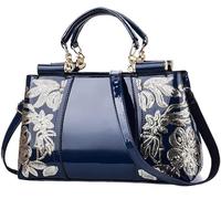 BIBTOO Women Patent Embroidery Handle Bag Fashion Party Floral Purses Top Handbag Casual Elegant Flower Shoulder Bag Totes(Blue)