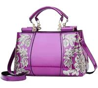 BIBTOO Women Patent Embroidery Handle Bag Fashion Party Floral Purses Top Handbag Casual Elegant Flower Shoulder Bag Totes(Purple)