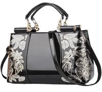 BIBTOO Women Patent Embroidery Handle Bag Fashion Party Floral Purses Top Handbag Casual Elegant Flower Shoulder Bag Totes(Black)
