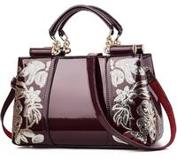 BIBTOO Women Patent Embroidery Handle Bag Fashion Party Floral Purses Top Handbag Casual Elegant Flower Shoulder Bag Totes(Wine Red)