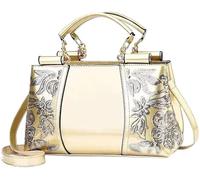 BIBTOO Women Patent Embroidery Handle Bag Fashion Party Floral Purses Top Handbag Casual Elegant Flower Shoulder Bag Totes(Gold)