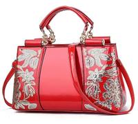 BIBTOO Women Patent Embroidery Handle Bag Fashion Party Floral Purses Top Handbag Casual Elegant Flower Shoulder Bag Totes(Red)