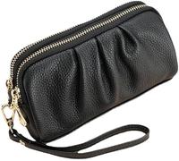 BIBTOO Wristlet Wallet for Women Genuine Leather Cell Phone Clutch Purse Zipper Coin Pouch(Black)