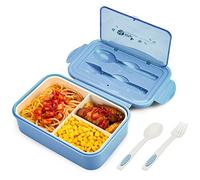 BIBURY Lunch Box, Leakproof Bento Box for Kids Adults, Food Container with 3 Compartments and Cutlery Set, BPA Free, Microwave and Dishwasher Safe Meal Prep Containers - Blue