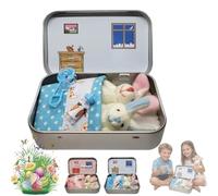 BibYuga 2 Pcs Easter Bunny in Tin Box, Little Pocket Bunny Decorative Boxes, Easter Pocket Hug Bunny Plush Toys, Easter Gifts for Kids, DIY Pet Bunny Adoption, Easters Baskets (Blue)