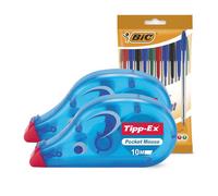 BIC Cristal Original Ballpoint Pens Pack of 10, Assorted Colours, 1.0mm Fine Point Ideal for Smooth Writing at School or Office & 2 Tipp-Ex Pocket Mouse Correction Rollers, 4.2mm x 10m