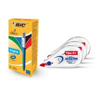 BIC 4 Colours Original Pens Pack of 12 with Blue, Red, Green, Black Ink & Tipp-Ex Mini Pocket Correction Tapes Pack of 3, Durable and Compact Bundle for Writing, Editing, and Daily Tasks