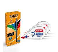 BIC 4 Colours Pro Multi Pen Pack of 12 with Blue, Red, Green, Black Ink & Tipp-Ex Mini Pocket Correction Tapes Pack of 3 (12x BIC Pro Multi Pen & 3x Correction Tapes)