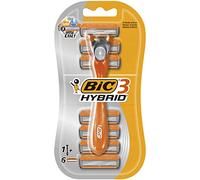 BIC 3 Hybrid , Men's Triple-Blade Razors for Men, Long Curved Handle for Easy Grip, Pack with 1 Handle and 6 Refills