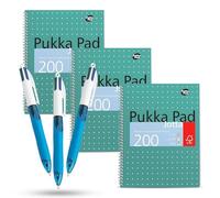 BIC 3x 4 Colours Retractable Ballpoint Pens & Pukka Pad A4 Metallic Jotta Book 3 Pack, Wirebound Notebook 8mm Lines 80GSM Paper 4-Hole Punch Margins Perforated Edges 200 Pages for School & Office