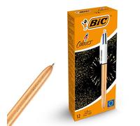BIC 4-Colour Champagne Pens Multi Pen Retractable Frosted Gold Barrel Design Multicolour Pen With Four Assorted Vibrant Inks Multi Coloured Pens All in One for School Office (Pack of 12)