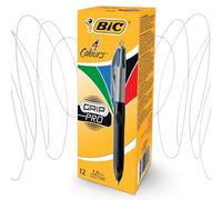 BIC 4 Colour Grip Pro Pen Plastic Barrel 1.0mm Multi-Pen Four Ink Colours in One Smooth Writing Multi Pens 4 in One Pen with Clip and Lanyard Hole for Students and Professionals (Pack of 12)