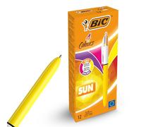BIC 4-Colour Sun Pens Pack of 12 Multi Pen Retractable Yellow Sun Colour Barrel Design Multicolour Pen With Four Assorted Vibrant Inks Multi Coloured Pens All in One for School Office & Colour Coding