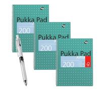 BIC 4 Colours Ballpoint Pen with 3 Ink Colours +1 HB Lead Pencil & Pukka Pad A4 Metallic Jotta 3 Pack Wirebound Notebook 8mm Lines 80GSM Paper for Students and Creative Projects