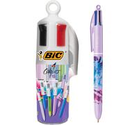 BIC 4 Colours Ballpoint Pens and Case - Set of 6 Pens and Decorative Pen Pot -