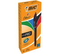 Bic 4 Colours Pro Multi Pen, Multi Coloured Pens All In One, Retractable Ballpoint Pen, Medium 1.0mm, Green, Blue, Red, Black, 12