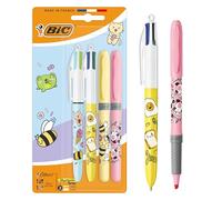 BIC 4 Colours Decors Kawaii Series Retractable Ball Pen Medium Point (1.0 mm) Fun Ink Colours + BIC Highlighter Grip Decors Chiselled Nib - Assorted Kawaii Designs, Pack of 4