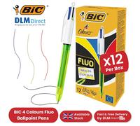 Bic 4 Colours Fluo Retractable Ballpoint Pens Vibrant Ink Writing Pack of 12