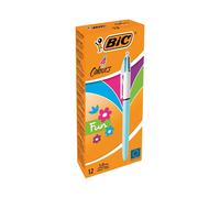 BIC 4 Colours Fun Retractable Ballpoint Pens - Box of 12 with Light Blue Pastel Barrel and Medium Point (1.0 mm)