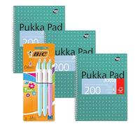 BIC 4 Colours Fun Retractable Ballpoint Pens Medium Point Pack of 3 & Pukka Pad A4 Metallic Jotta Book 3 Pack Wirebound Notebook 8mm Lines 80GSM Paper 4-Hole Punch Perforated Edges 200 Pages