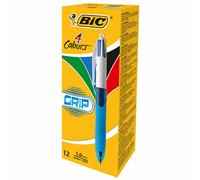 BIC 4 Colours Grip Retractable Ballpoint Pens - Box of 12- Medium Point (1.0 mm) - Extra-Comfort Grip - Translucent Blue Barrel