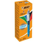 BIC 4 Colours Grip Retractable Ballpoint Pens - Box of 12- Medium Point (1.0 mm) - Extra-Comfort Grip - Translucent Blue Barrel
