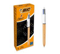 BIC 4 Colours Medium Point Ballpoint Pens (1 mm) - Frosted Gold Textured Body, Blue, Green, Red, Black, Box of 12