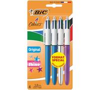BIC 4 Colours Multi-Coloured Retractable Ballpoint Pens, Medium Point 1.0mm, Pack of 4, Original & Shine Barrels, Black, Blue, Green & Red Ink