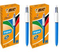 Bic 4 Colours Original, Multi Coloured Pens All In One, Retractable Ballpoint Biro, Green, Blue, Red, Black, 12 Per Pack, 2 Pack