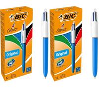 Bic 4 Colours Original Pen, Multi-Coloured Retractable Ballpoint Biro Pens, Green, Blue, Red, Black, 12 Per Pack, 2 Pack