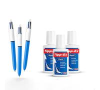 BIC 4 Colours Original Ballpoint Pens Pack of 3 with Blue, Black, Red, Green Ink & Tipp-Ex Rapid Correction Fluid Pack of 3 with 20ml Fast-Drying Brush Applicator for Writing and Corrections