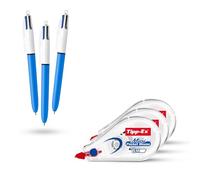 BIC 4 Colours Original Pens Pack of 3 with Blue, Red, Green, Black Ink & Tipp-Ex Mini Pocket Correction Tapes Pack of 3, Durable and Compact Bundle for Writing, Editing, and Daily Tasks
