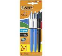 BIC 4 Colours Original & Pro Multicoloured Retractable Ballpoint Pens - Pack of 3 - Medium Point 1.0mm - Black, Blue, Green & Red Ink