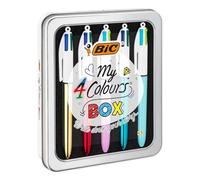 BIC 4 Colours Pens In A Special Metal Tin of 5 Pens, Includes mix of Shine and Bright Barrel Coloured Ink ,Black, red, blue, green