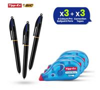 BIC 4 Colour Pro Pens Pack of 3 with Durable Plastic Barrel 4-Ink Colours & Tipp-Ex Pocket Mouse Correction Tapes Pack of 3 with Instant Dry 10m Tape for Writing and Corrections