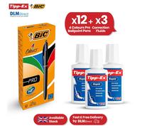 BIC 4 Colours Pro Pens Pack of 12 & Tipp-Ex Correction Fluid Pack of 3