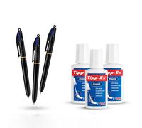 BIC 4 Colours Pro Ballpoint Pens Pack of 3 with Blue, Black, Red, Green Ink & Tipp-Ex Rapid Correction Fluid Pack of 3 with 20ml Fast-Drying Brush Applicator for Writing and Corrections