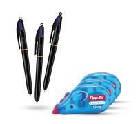 BIC 4 Colours Pro Retractable Ballpoint Pens Box of 3 with Tipp-Ex Pocket Mouse Correction Tape Pack of 3 Value Set for Office School Study Notes Writing and Correction Tasks