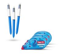 BIC 4 Colours Retractable Ballpoint Pens Box of 3 with Tipp-Ex Pocket Mouse Correction Tape Pack of 3 Value Set for Study Work Notes, Office, School Writing and Correction