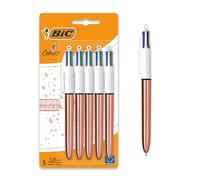 BIC 4 Colours Rose Gold Pen, Multi Coloured Pens All In One, Retractable Ballpoint Pen, Medium 1.0mm, Green, Blue, Red, Black, 5 Pens Per Pack, 1 Pack
