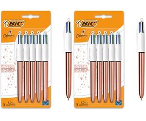 Bic 4 Colours Rose Gold Pen, Multi Coloured Pens All In One, Retractable Ballpoint Pen, Medium 1.0mm, Green, Blue, Red, Black, 5 Pens Per Pack, 2 Pack