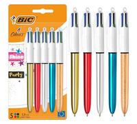 BIC 4 Colours Shine and Party Retractable Ball Pens Medium Point (1.00 mm) in Metallic Silver, Gold, Red, Blue, and Frosty Gold - Pack of 5