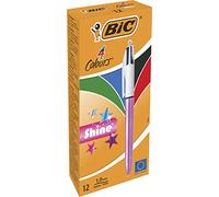 BIC 4 Colours Shine Ballpoint Pens - Box of 12 - Metallic Pink Body with 4 Ink Colours (Blue, Black, Red, Green)