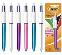 BIC 4 Colours Shine Multi-Coloured All-In-One Retractable Ballpoint Pens, Black, Blue, Green, Red Ink, Medium Point 1.0mm, Pack of 6, Assorted Metallic Barrels