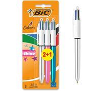 BIC 4 Colours Shine Ballpoint Pens Medium Point (1.0 mm) - Assorted Metallic Barrels, Pack of 2+1