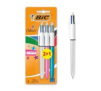 BIC 4 Colours Shine Pens, Multicoloured Pen, Retractable Ballpoint Pens, Biro Pens, Medium 1.0mm, Green, Blue, Black, Red, 3 Pens Per Pack, 1 Pack
