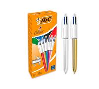BIC 4 Colours Shine Retractable Ballpoint Pens, Medium Point (1.0 mm) - Assorted Metallic Barrels, Box of 12